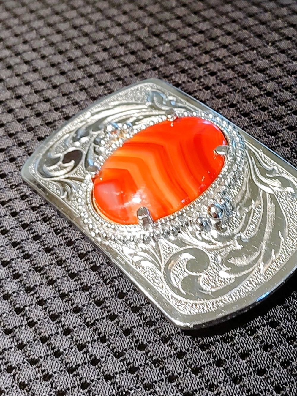 Men's Silver Western Belt Buckle with Orange Stone Accent